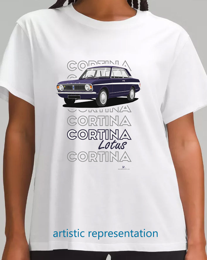 Ford Cortina Mk2 Lotus in Blue & White (Steel wheels) Art T-Shirt (Words)