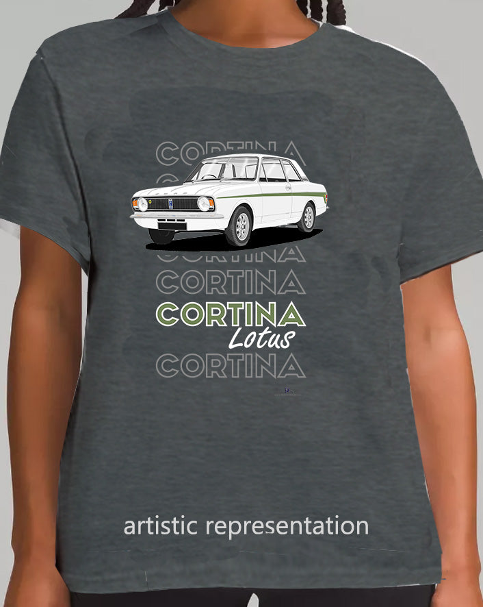 Ford Cortina Mk2 Lotus in White & Green (Minilites) Art T-Shirt (Words)