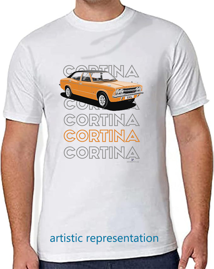 Ford Cortina Mk3 GXL in Orange Art T Shirt (Words)