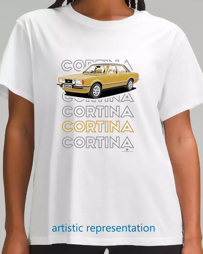Ford Cortina Mk4 Ghia in Gold Art T Shirt (Words)