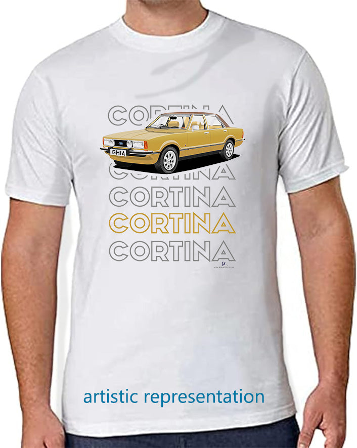 Ford Cortina Mk4 Ghia in Gold Art T Shirt (Words)