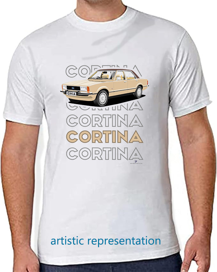 Ford Cortina Mk4 Ghia in Light Gold Art T Shirt (Words)