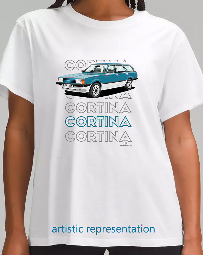 Ford Cortina Mk5 Crusader Estate in Blue & Silver Art T Shirt (Words)