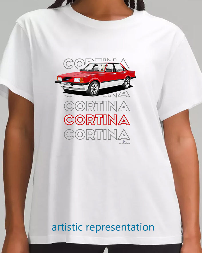 Ford Cortina Mk5 Crusader in Red & Silver Art T Shirt (Words)