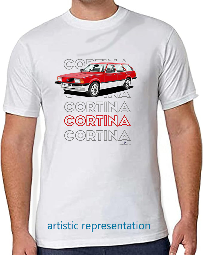 Ford Cortina Mk5 Crusader Estate in Red & Silver Art T Shirt (Words)