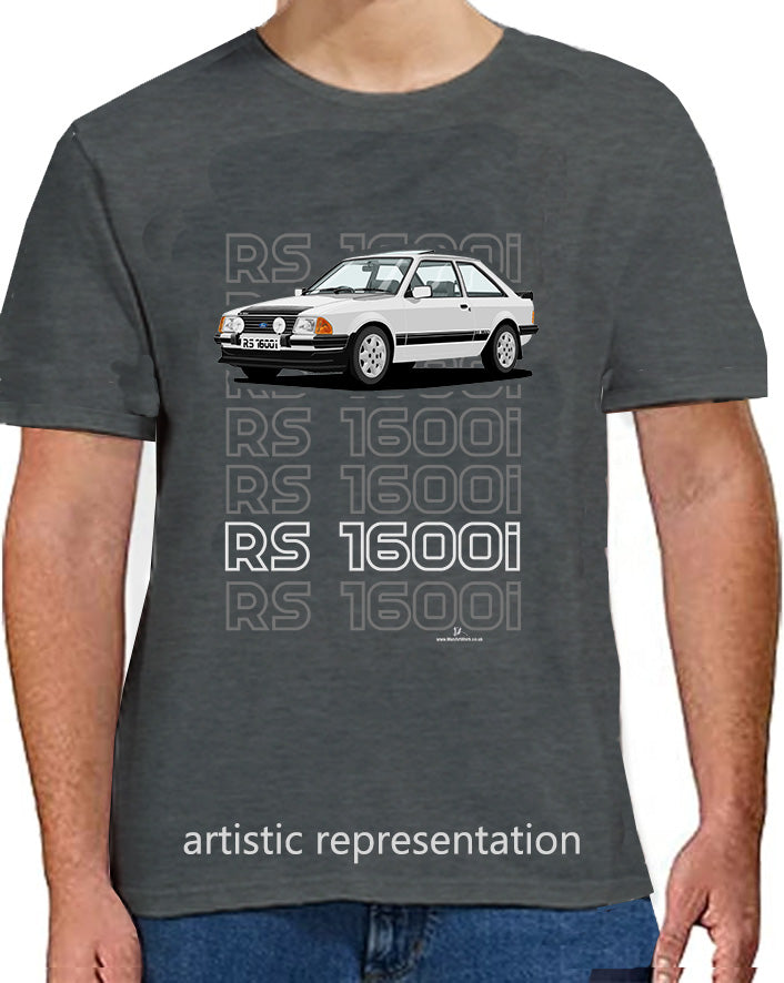 Ford Escort Mk3 RS1600i Art T Shirt in Silver (Words)