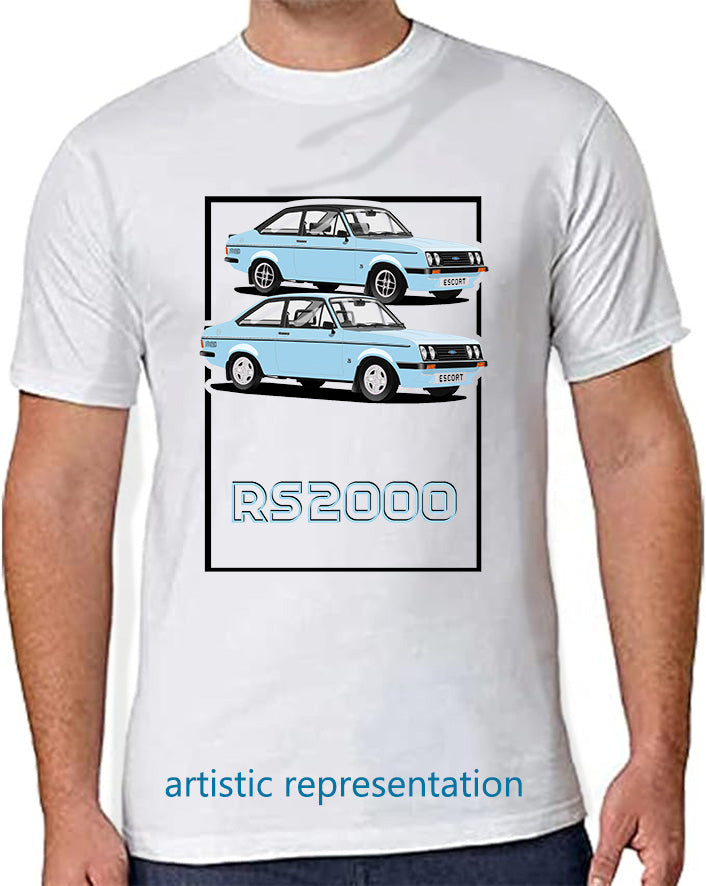 Ford Escort Mk2 RS2000 in Light Blue Art T Shirt (Words)