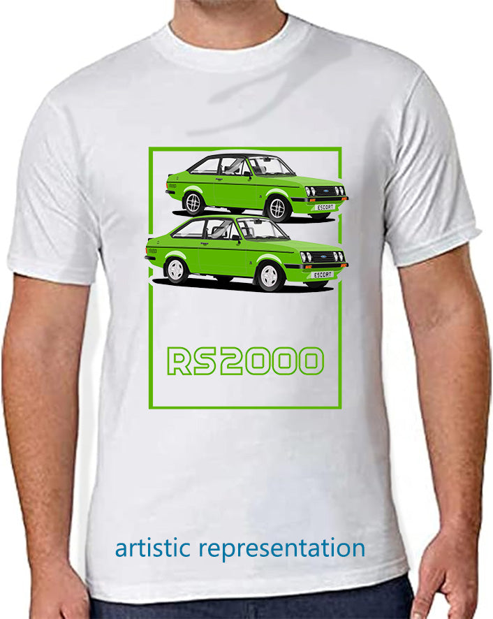 Ford Escort Mk2 RS2000 in Vivid Green Art T Shirt (Words)