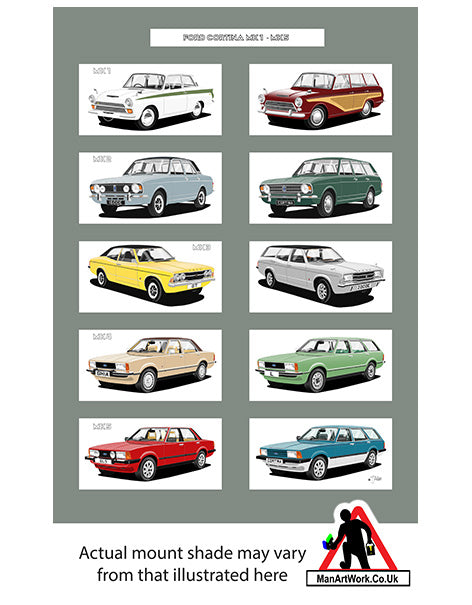 Ford Cortina Mk1, Mk2, Mk3, Mk4 & Mk5 A4 Art Print