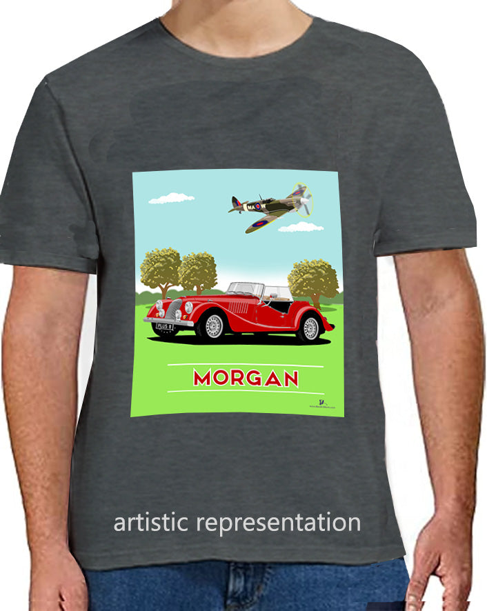 Morgan Plus 8 in Red with Spitfire Art T Shirt