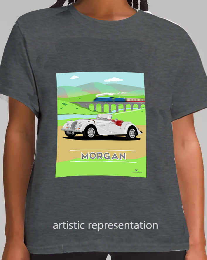 Morgan Plus 8 in Silver with Train Art T Shirt