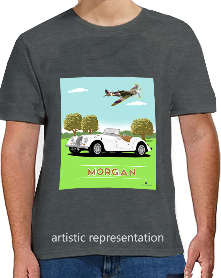 Morgan Plus 8 in White with Spitfire Art T Shirt