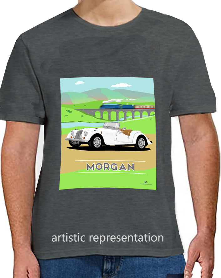 Morgan Plus 8 in White with Train Art T Shirt