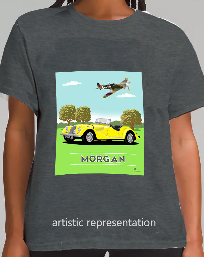 Morgan Plus 8 in Yellow with Spitfire Art T Shirt