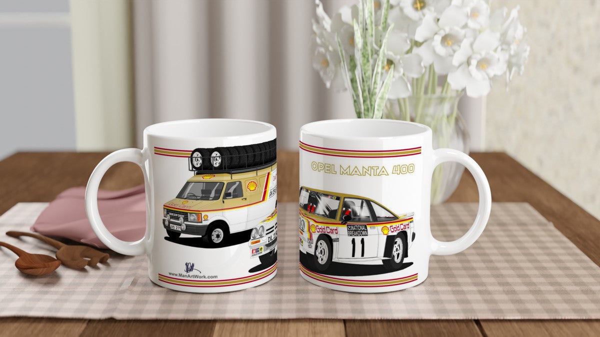 Gold Card Opel Manta 400 and Bedford Service Van Rally Car Mug