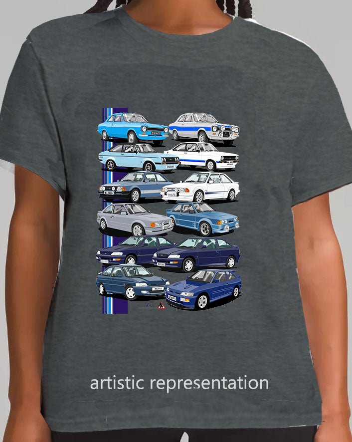 Ford Escort RS Art T Shirt (Blue Cars on Gray)