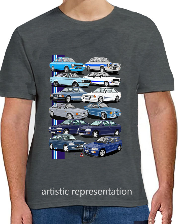 Ford Escort RS Art T Shirt (Blue Cars on Gray)