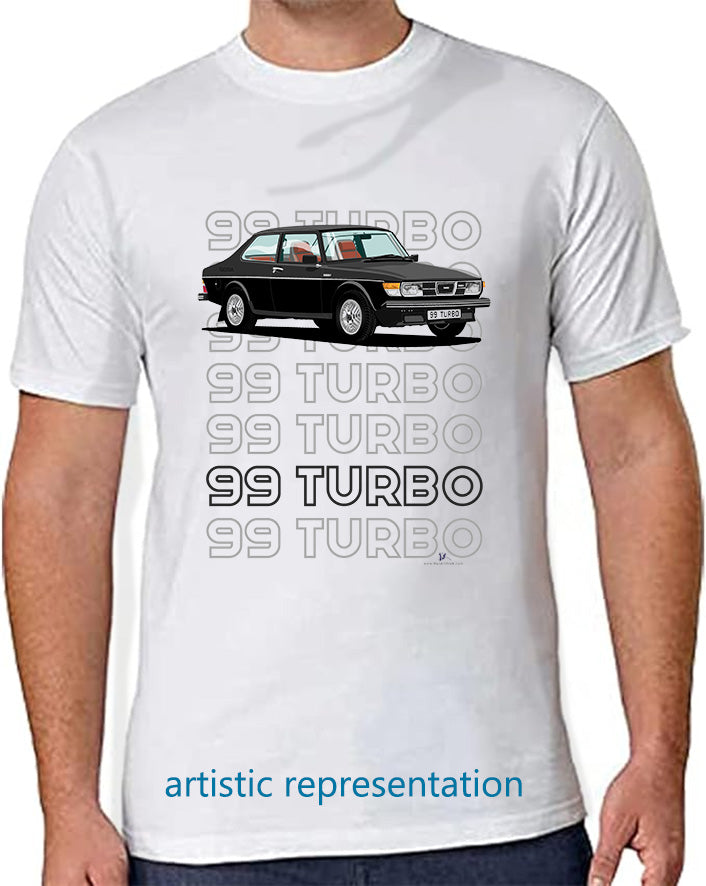 Saab 99 Turbo 2 Door in Black Art T Shirt (Words)