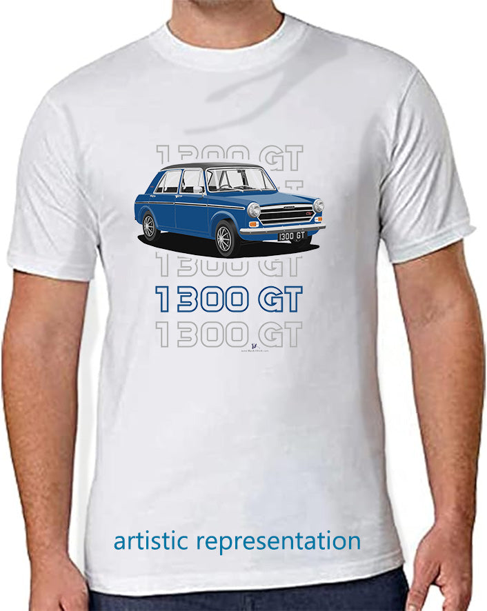 Austin 1300GT in Blue T Shirt (Words)