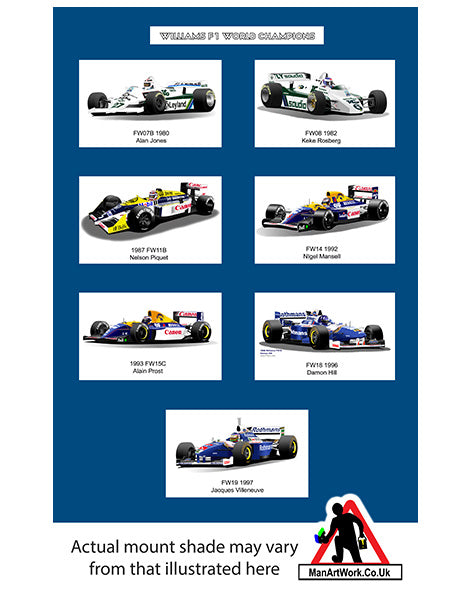 F1 World Champion drivers for Williams : Jones, Rosberg, Mansell, Prost, Piquet, Hill