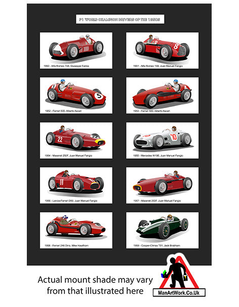 F1 World Champions of the 1950s A4 Art Print : Fangio, Ascari, Hawthorn