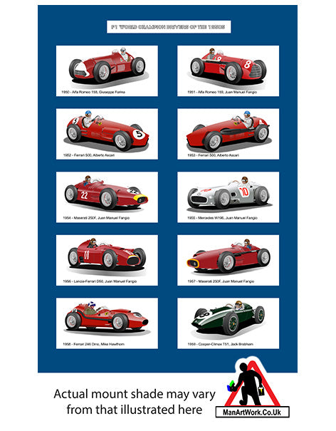 F1 World Champions of the 1950s A4 Art Print : Fangio, Ascari, Hawthorn