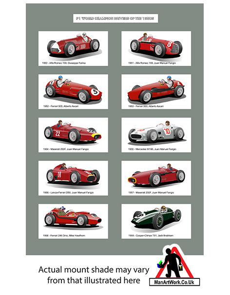 F1 World Champions of the 1950s A4 Art Print : Fangio, Ascari, Hawthorn