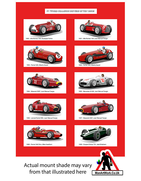 F1 World Champions of the 1950s A4 Art Print : Fangio, Ascari, Hawthorn