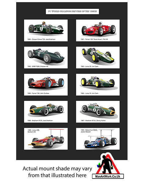 F1 World Champions of the 1960s A4 Art Print : Hill, Stewart, Brabham, Clark