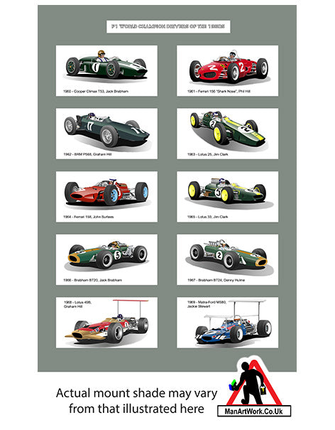 F1 World Champions of the 1960s A4 Art Print : Hill, Stewart, Brabham, Clark