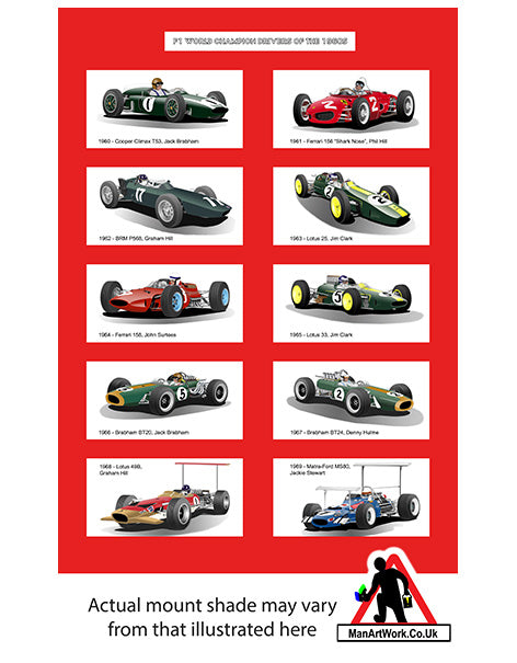 F1 World Champions of the 1960s A4 Art Print : Hill, Stewart, Brabham, Clark