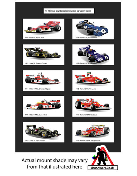 F1 World Champions of the 1970s A4 Art Print : Lauda, Hunt, Scheckter, Fittipaldi