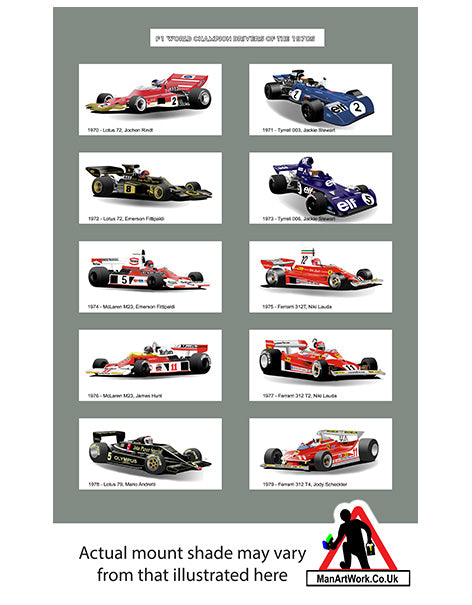 F1 World Champions of the 1970s A4 Art Print : Lauda, Hunt, Scheckter, Fittipaldi