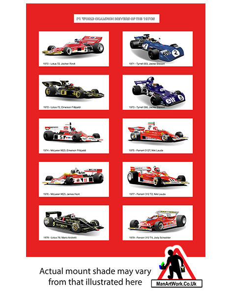 F1 World Champions of the 1970s A4 Art Print : Lauda, Hunt, Scheckter, Fittipaldi