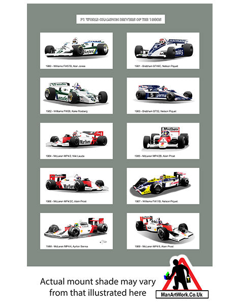 F1 World Champions of the 1980s A4 Art Print : Senna, Prost, Piquet, Jones