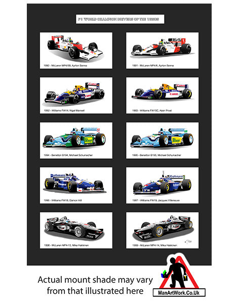 F1 World Champions of the 1990s A4 Art Print : Senna, Prost, Schumacher, Mansell