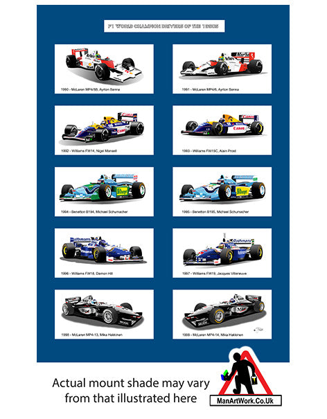 F1 World Champions of the 1990s A4 Art Print : Senna, Prost, Schumacher, Mansell