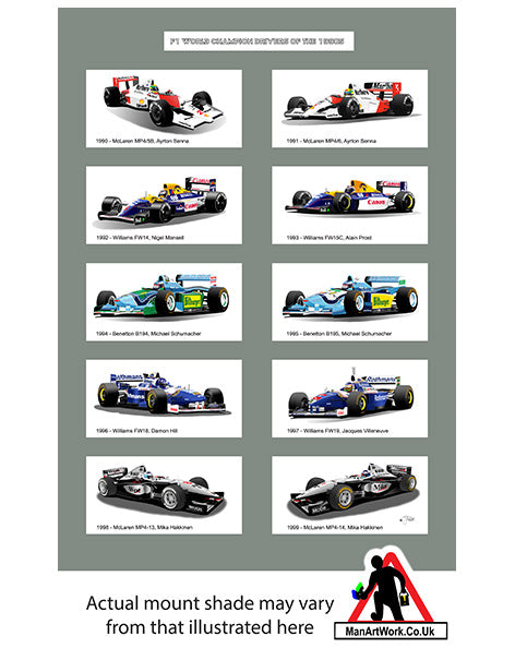 F1 World Champions of the 1990s A4 Art Print : Senna, Prost, Schumacher, Mansell