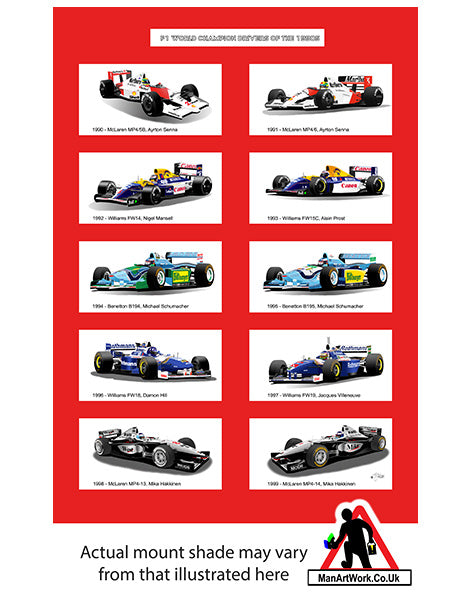 F1 World Champions of the 1990s A4 Art Print : Senna, Prost, Schumacher, Mansell