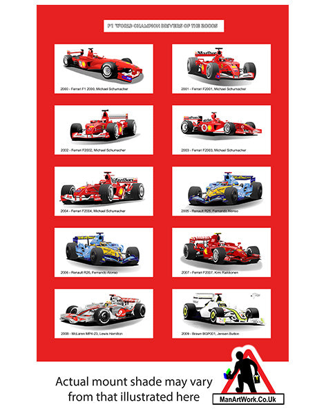 F1 racing World Champions of the 2000s A4 Art Print : Schumacher; Alonso, Hamilton