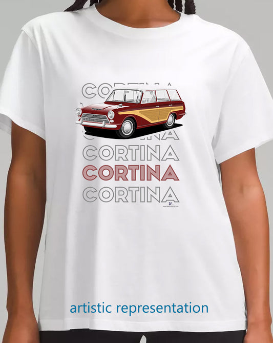 Ford Cortina Mk1 Estate in Maroon Art T Shirt (Words)