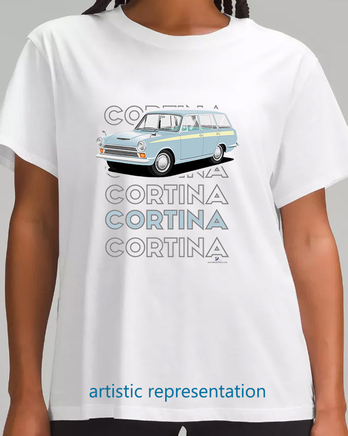 Ford Cortina Mk1 Estate in Light Blue Art T Shirt (Words)