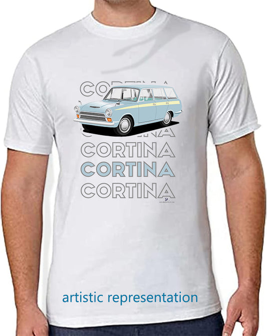 Ford Cortina Mk1 Estate in Light Blue Art T Shirt (Words)