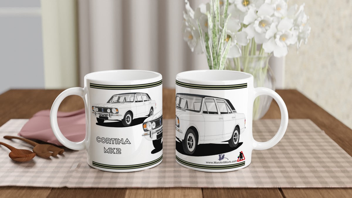 Ford Cortina Mk2 1600E in White Art Mug