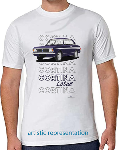 Ford Cortina Mk2 Lotus in Blue & White (Minilites) Art T-Shirt (Words)