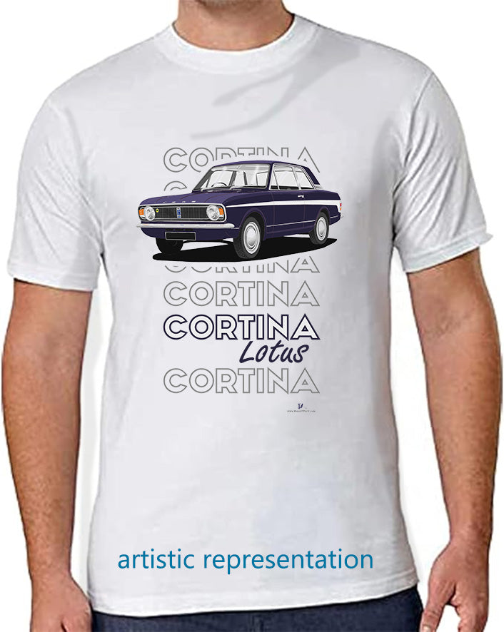 Ford Cortina Mk2 Lotus in Blue & White (Steel wheels) Art T-Shirt (Words)