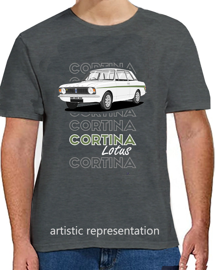Ford Cortina Mk2 Lotus in White & Green (Minilites) Art T-Shirt (Words)