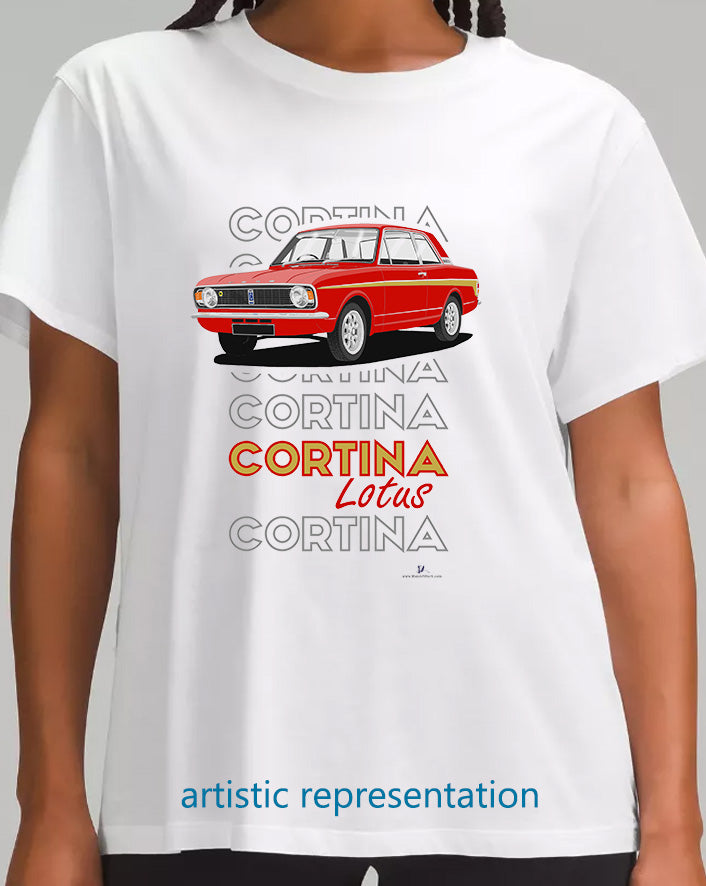 Ford Cortina Mk2 Lotus  in Red & Gold (Minilites) Art T-Shirt (Words)