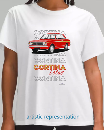 Ford Cortina Mk2 Lotus, facelift, in Red & Gold (Steel wheels) Art T-Shirt (Words)