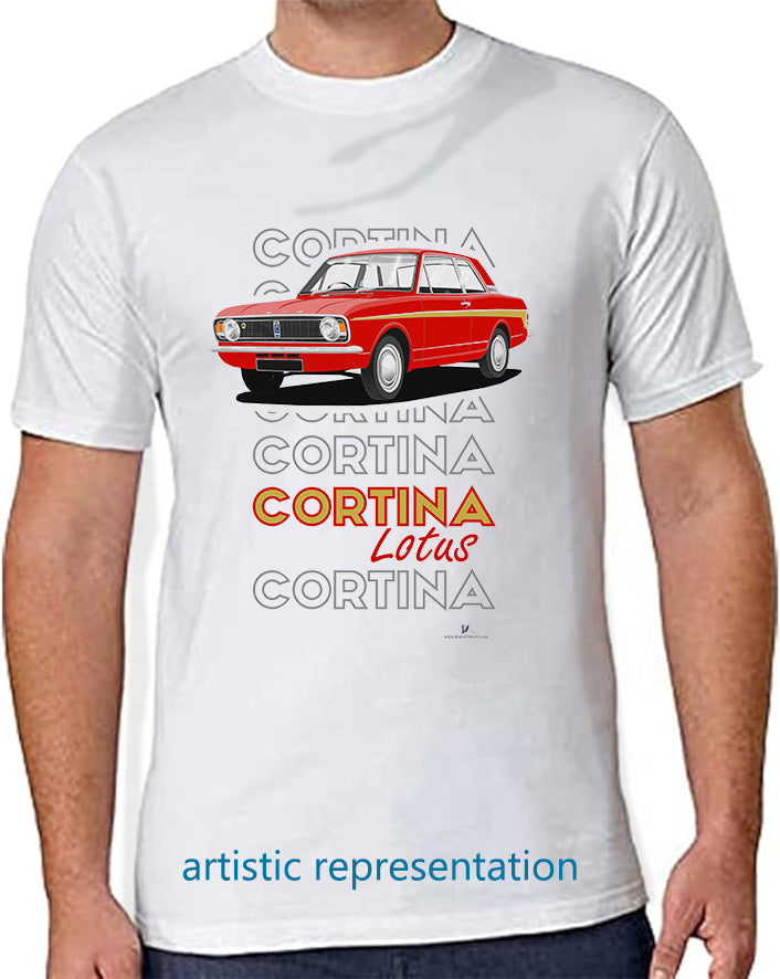 Ford Cortina Mk2 Lotus, facelift, in Red & Gold (Steel wheels) Art T-Shirt (Words)